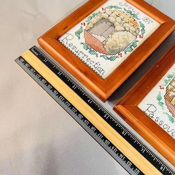 2 Vintage Cross Stitch Framed Jesus Christ Lord Resurrection Passover Religious - Picture 6 of 7